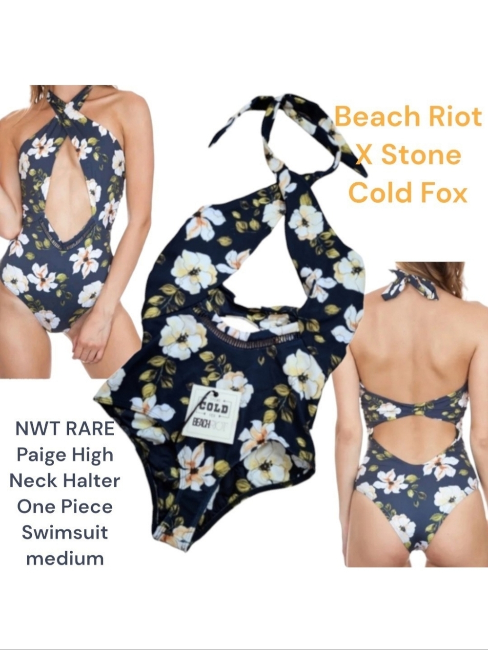 Beach Riot X Stone Cold Women Fox Paige Halter 1 Piece cheeky Swimsuit floral M